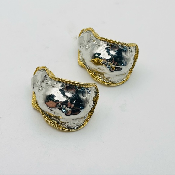 Bold Vintage Mixed Metal Molten Statement Clip Earrings Runway Avant Garde - Picture 9 of 16